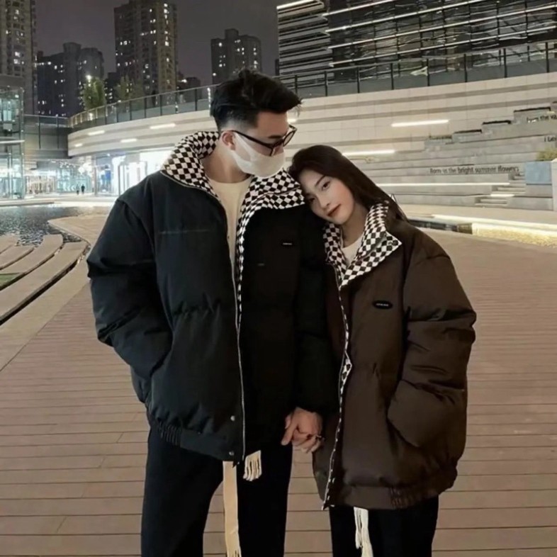 Áo Khoác Phao Béo Nam Nữ Unisex Màu Nâu Đen, Áo Khoác Phao Đôi Cổ Kẻ Caro Phong Cách Ulzzang Hàn Quốc Siêu Ấm Loại 1