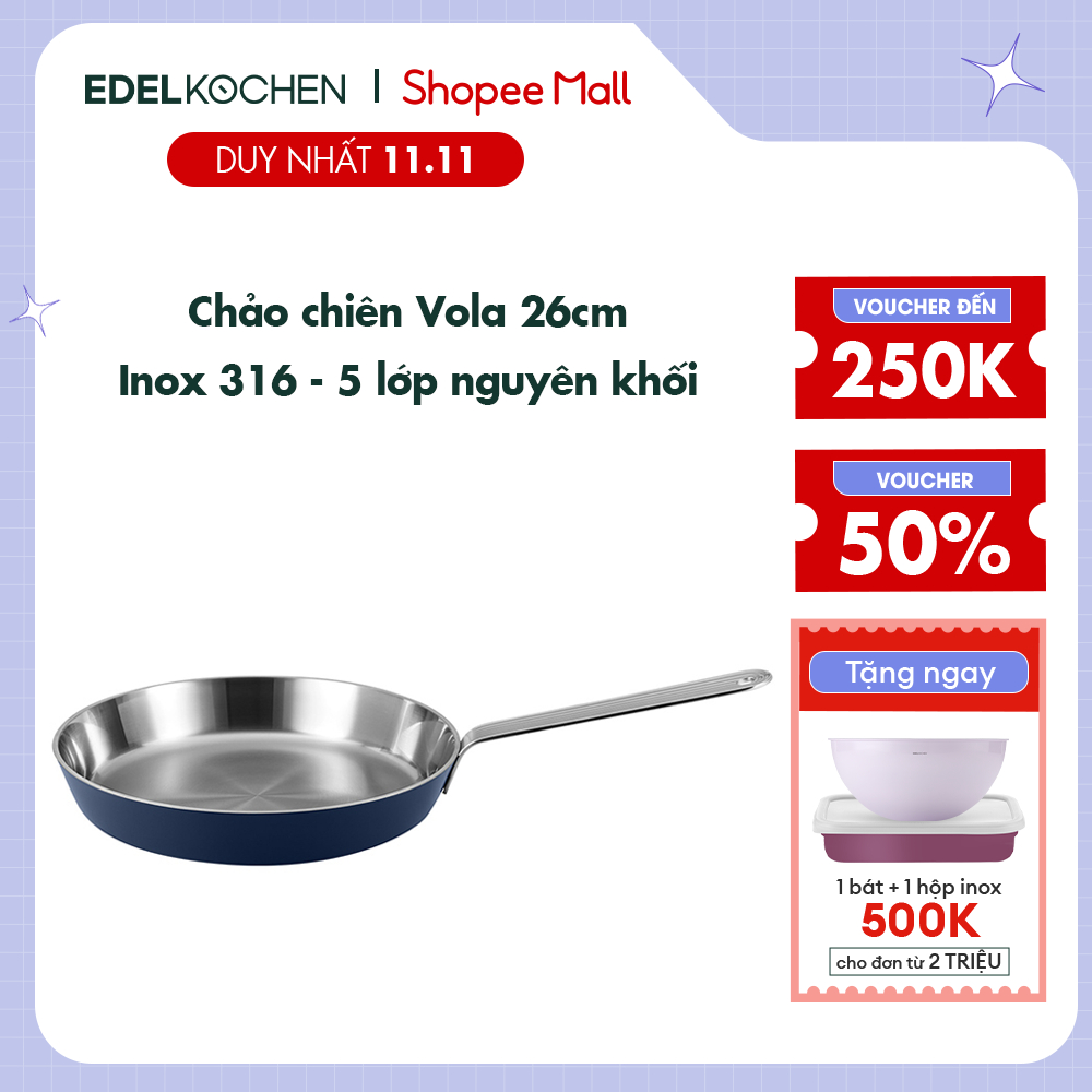 Chảo chiên inox 316 - 5 lớp nguyên khối cao cấp Edelkochen Vola Collection 28 cm – Màu Century Green