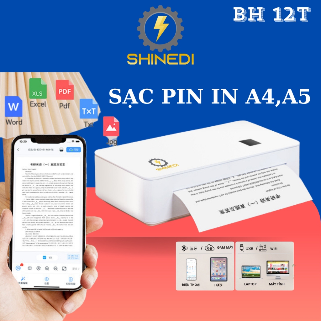 Máy in nhiệt mini bluetooth A4LE SHINEDI in khổ A4,A5 sạc pin như điện thoại nhỏ gọn dễ mang theo in