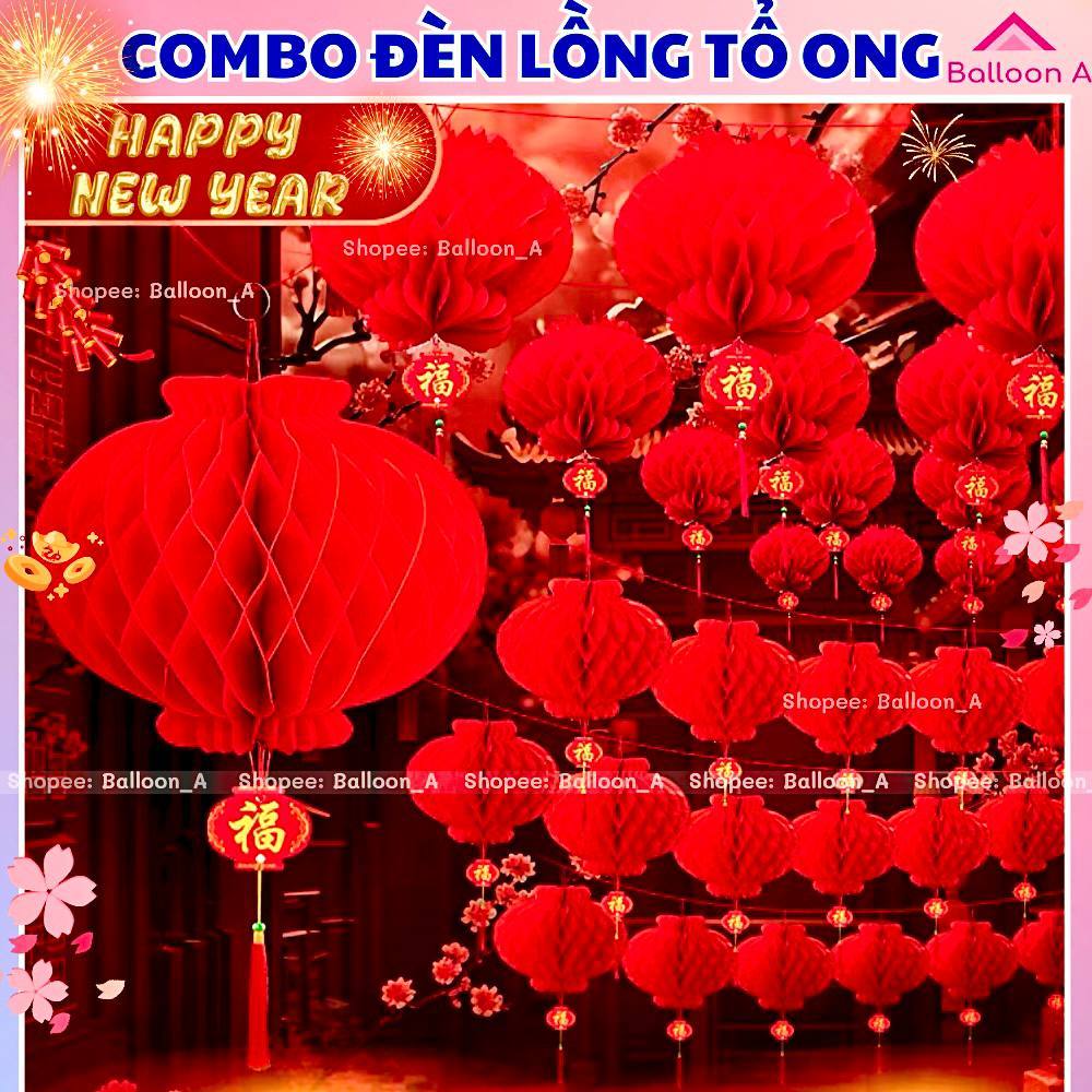 Combo 30/50/100 Cái Lồng Đèn Tổ Ong Đỏ Treo Trang Trí Tết 2026