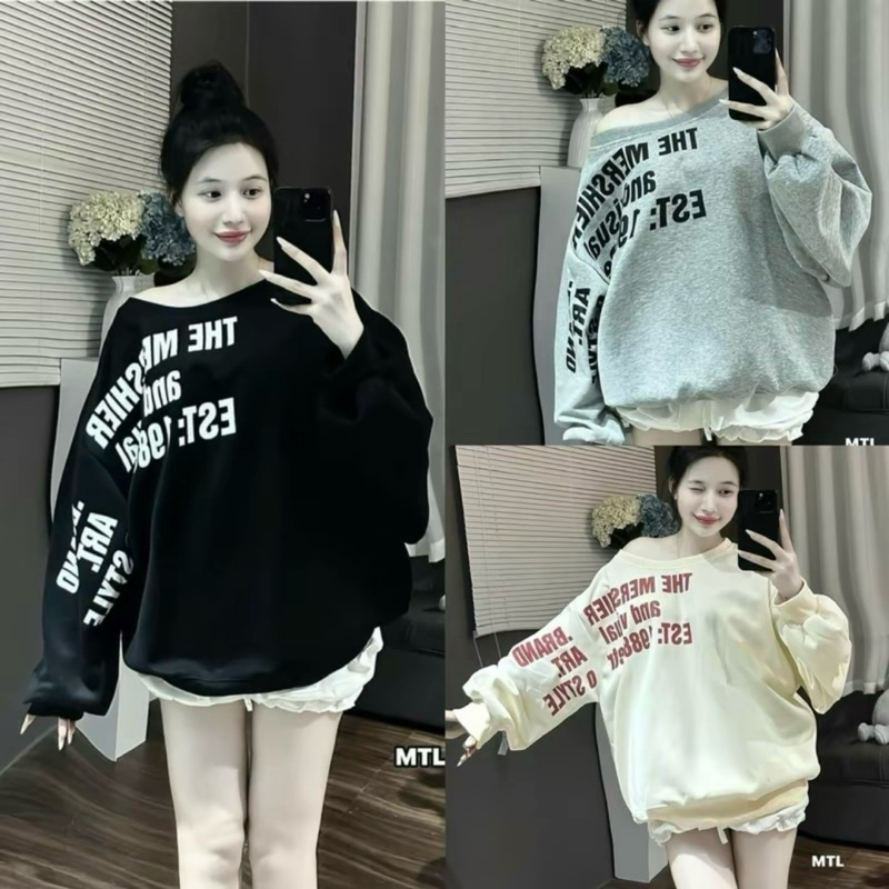 Áo nỉ sweater form rộng chất nỉ in chữ phong cách hàn quốc Lệch Vai