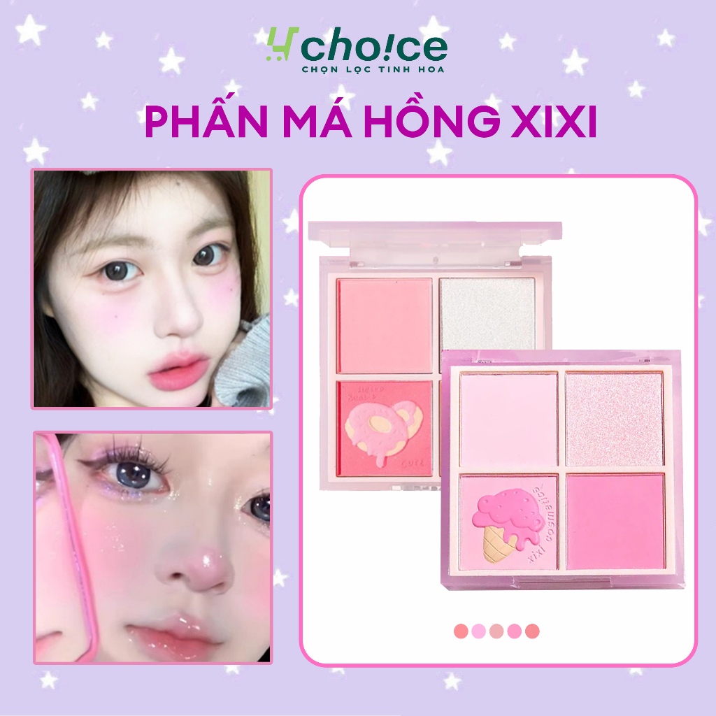 Phấn má hồng mịn lì XiXi 4 ô nhũ sáng highlight trang điểm tích hợp phấn mắt nhũ lì bền màu.