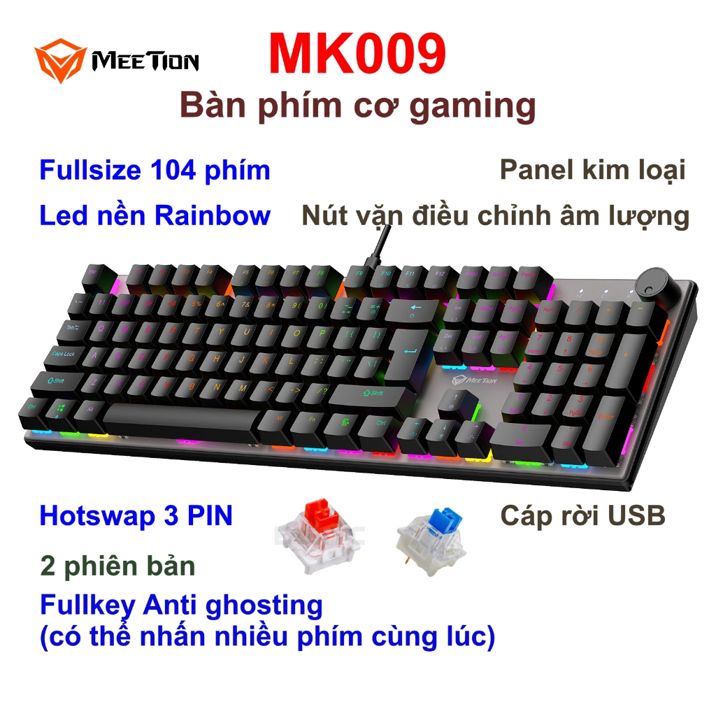 Bàn phím cơ gaming Meetion MK009 Fullsize 104 phím Hot-swappable (Red/Blue Switch), LED nền Rainbow