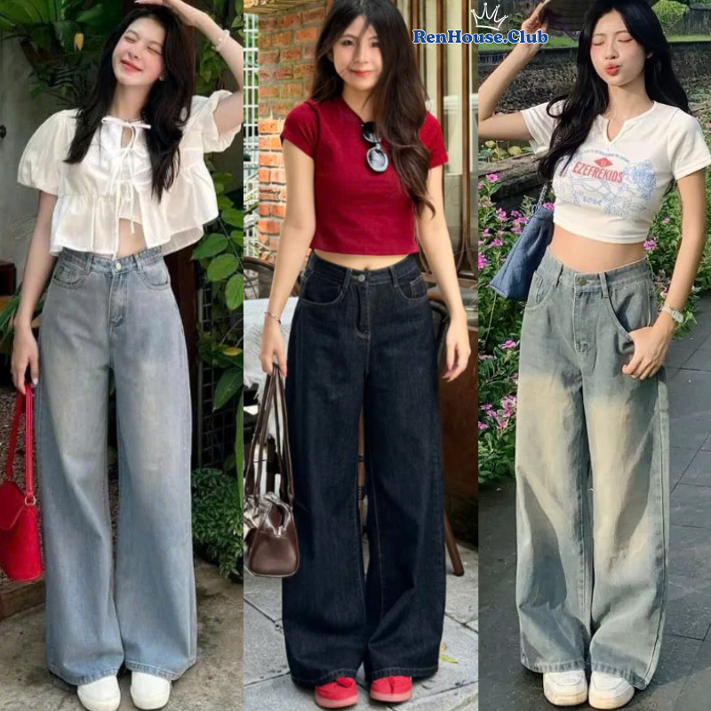 Quần jeans nữ ống rộng Renhouse xanh Indigo cạp cao,quần bò nữ xuông màu xanh than vibe Calem.Club MINI004