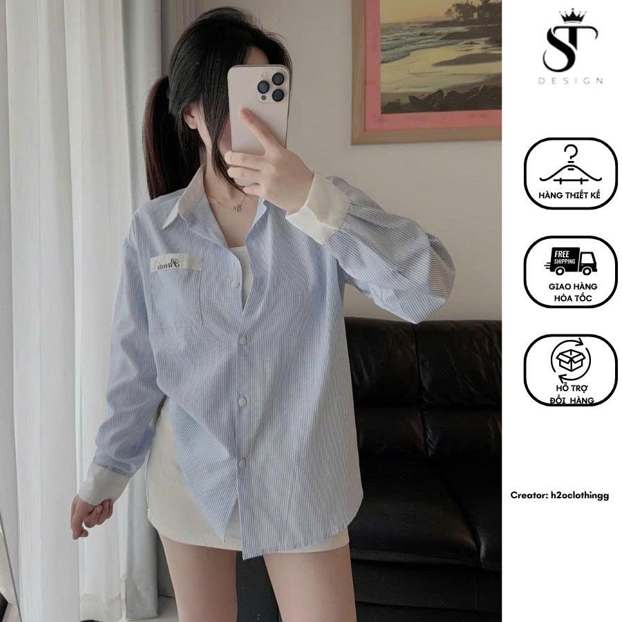 Áo sơ mi kẻ sọc xanh dài tay form rộng Hàn QUốc -Unisex- ST Design-06(ẢNH THẬT SHOP TỰ CHỤP)