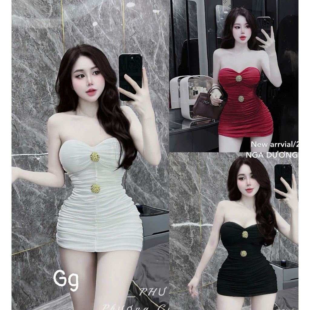 Đầm ống nhúm sườn , đính 2 nút to vàng cực xinh , chất thun tăm mềm mịn