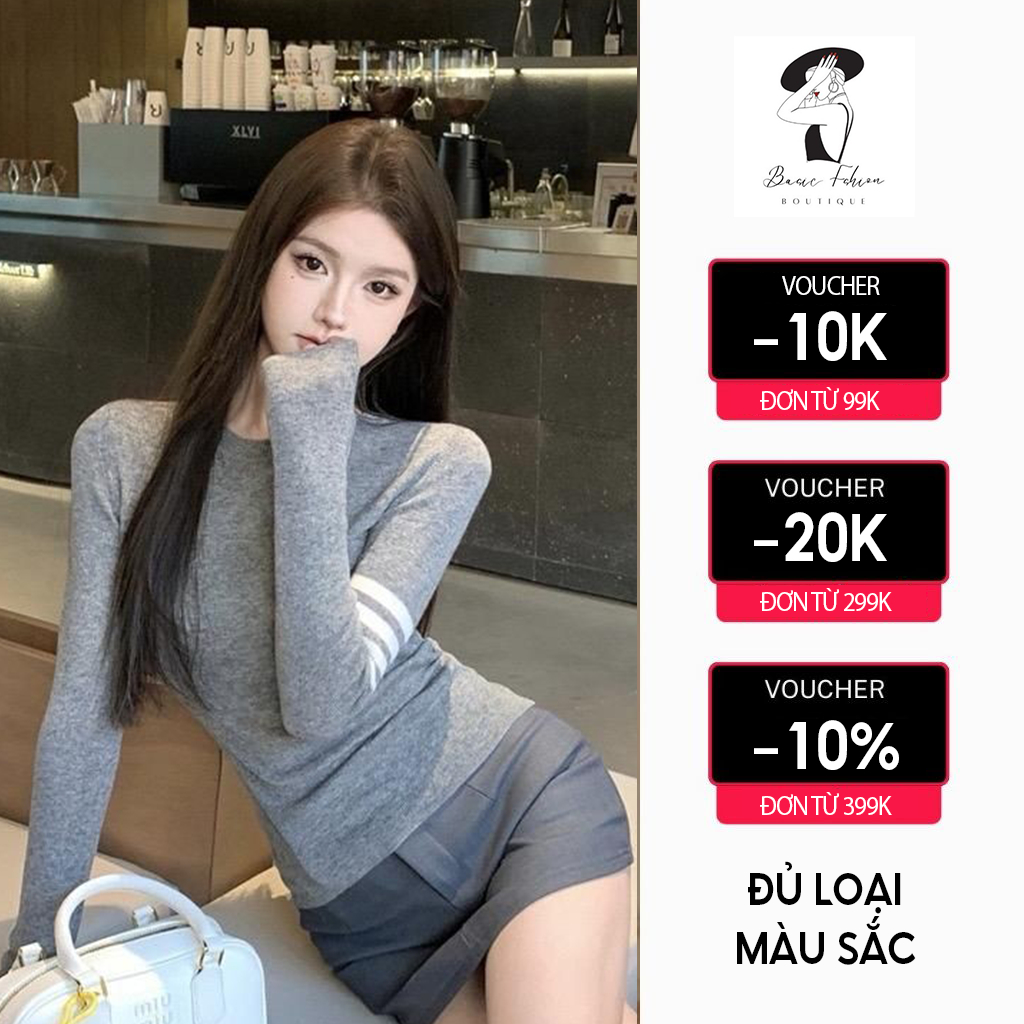 Áo thun nữ tay dài cổ tròn viền sọc tay xinh xắn chất thun tăm dày dặn, co giãn tốt