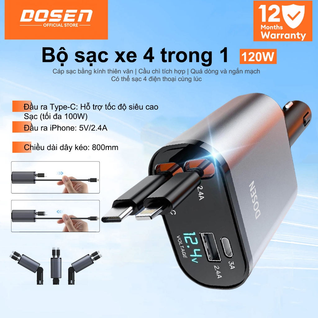 Dosen 4 trong 1 Loại kính thiên văn Tẩu Sạc Ô Tô Hỗ Trợ Sạc Nhanh 120W D5 Tẩu Sạc Xe Hơi 12V-24V Hiển Thị Đèn LED