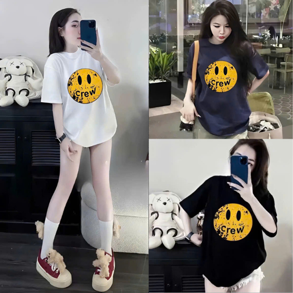 Áo Phông C.R.E.W Mặt Cười From Rộng Chất Poly Mềm Mịn Thấm Hút Mồ Hôi In Pet 2 mặt - Duyên Chuyên Khoác