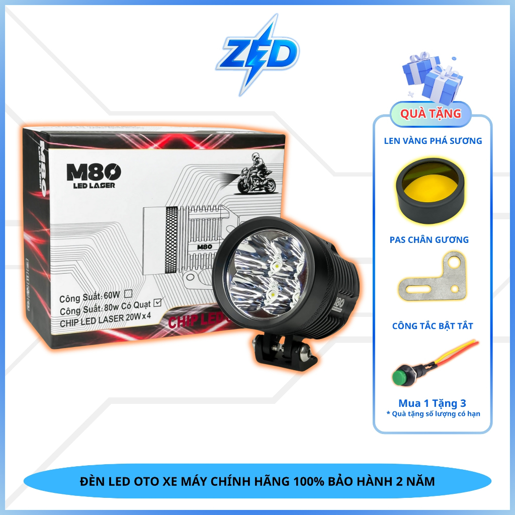 Đèn LED Trợ Sáng M80 Laser - 80W Sáng Trắng Gom Chiếu Xa Trên 200m, Có Quạt Tản Nhiệt, Chuyên Tour Phượt Lắp Oto Xe Máy