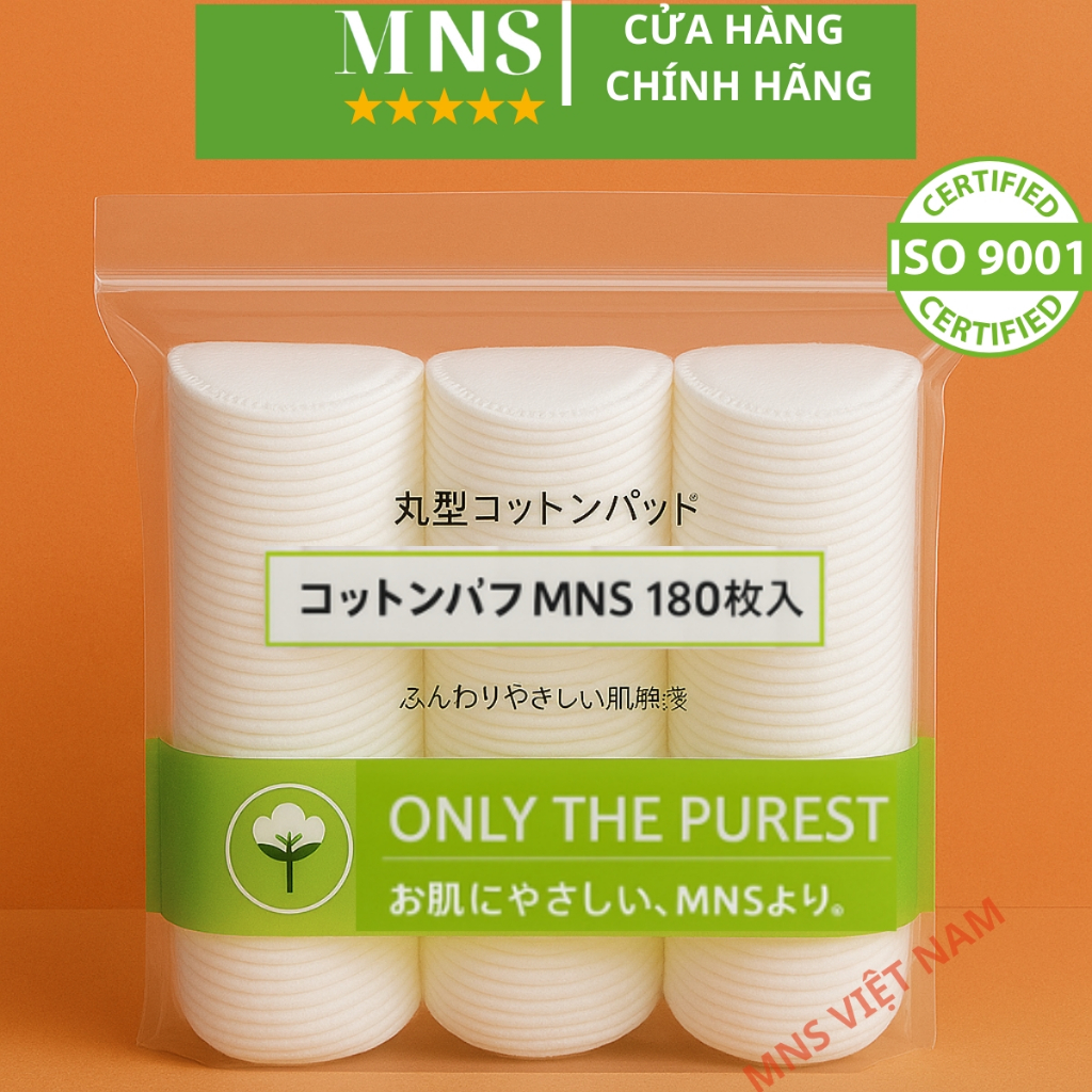 Bông tẩy trang MNS 180 miếng Cotton tự nhiên, Bông tẩy trang cao cấp,mềm mịn ISO9001:2015