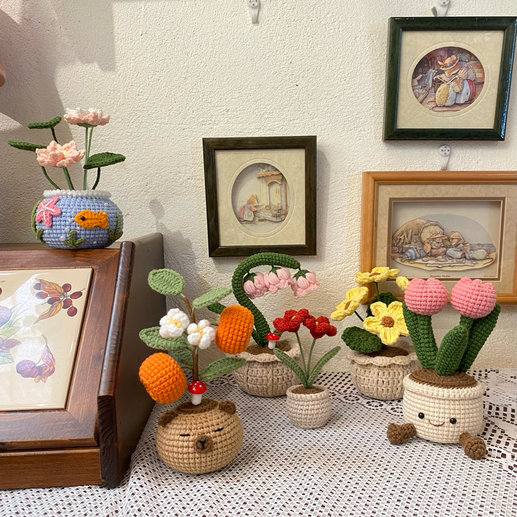 Tổng hợp mẫu chậu hoa MINI bằng len, hoa len trang trí, quà tặng handmade từ len