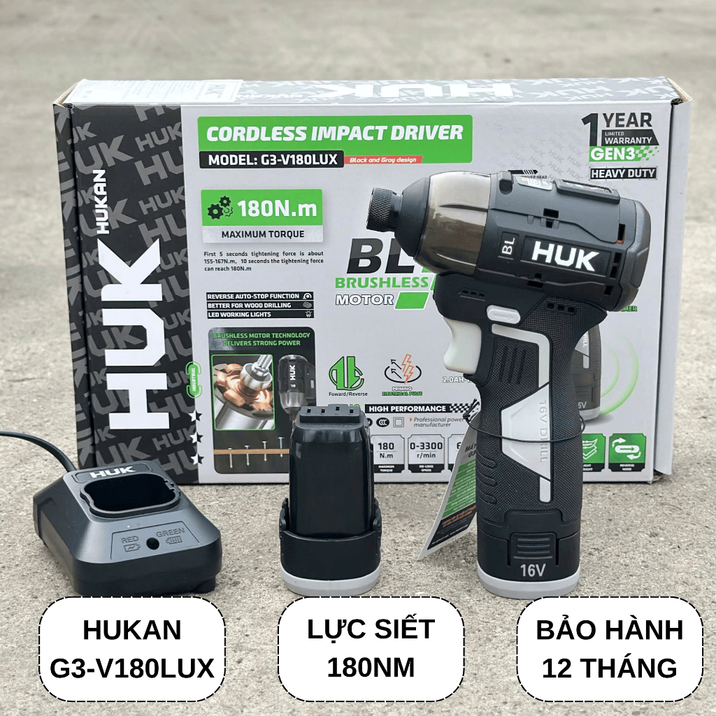 Máy Chuyên Vít Búa 180N Hukan G3 - V 180 LUX Không Chổi Than Đầu Chuyên Vít Gài Tạo 2 Pin 4 Cell Bảo Hành 12 Tháng