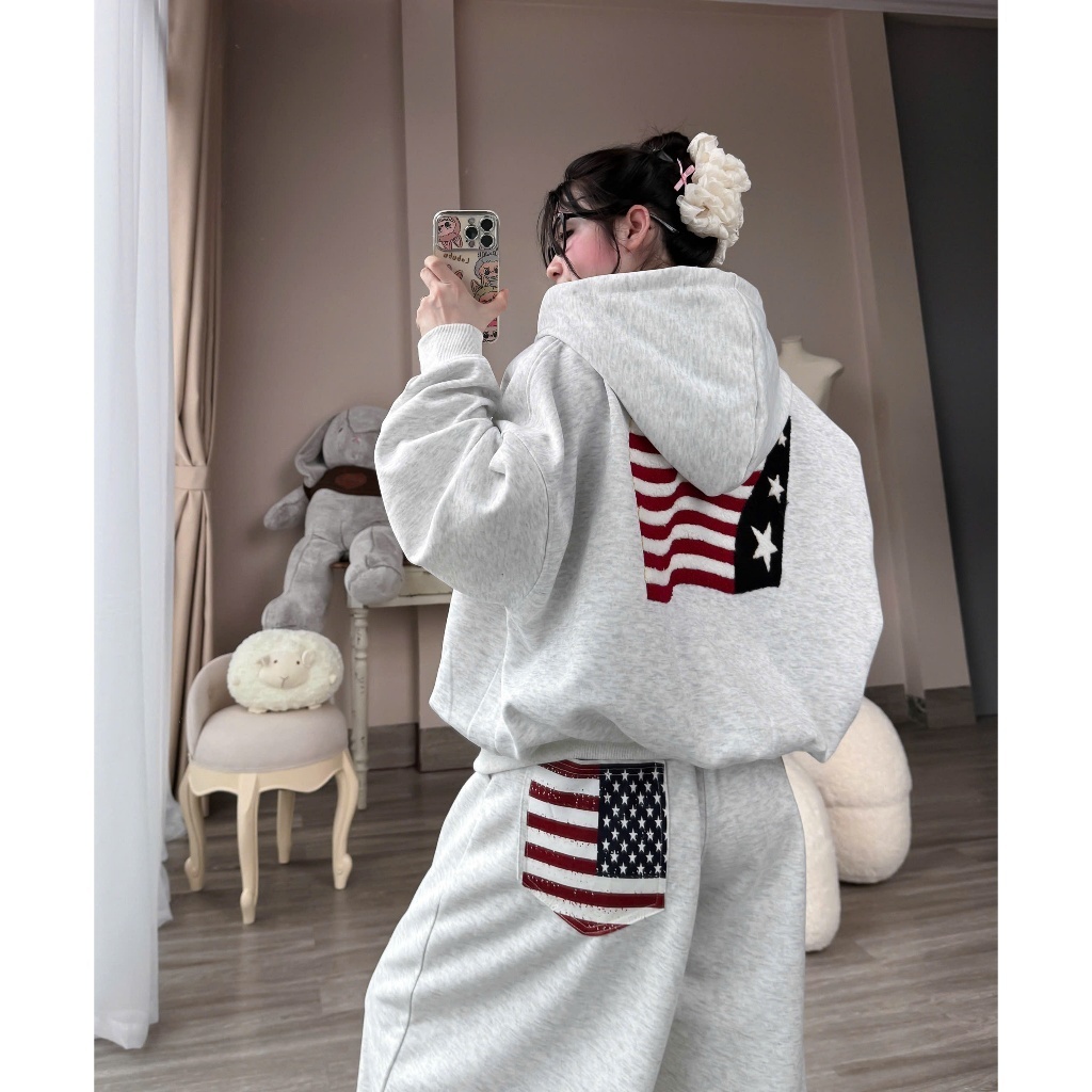Áo Nỉ Hoodie khóa kéo ZIP Cờ Mỹ form boxy 2Da Thêu xù Full box Form Rộng Nam Nữ Hot Trend 2025