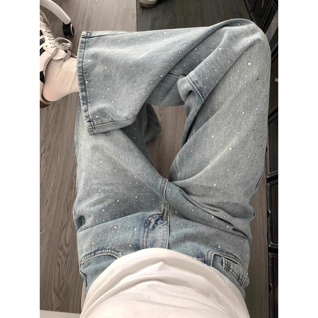 𝐂𝐡𝐚𝐫𝐥𝐨𝐭𝐭𝐞.𝐨𝐝_ Quần Jeans Ống Suông Đính Hạt Cườm Nổi Màu Xanh Bạc QCCC