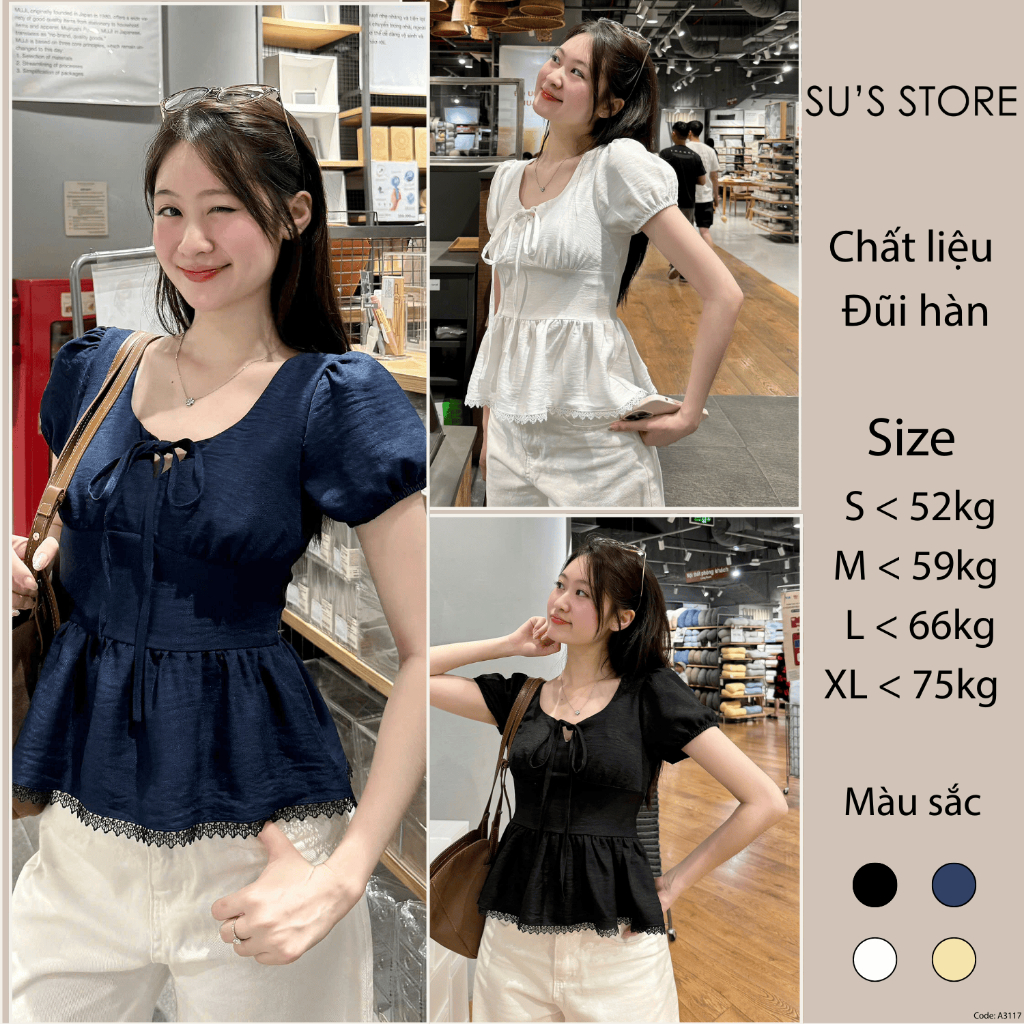 Áo Kiểu Nơ Buộc Bo Eo Tay Bồng Pha Ren A3117 Susstore Thời Trang Nữ Bigsize