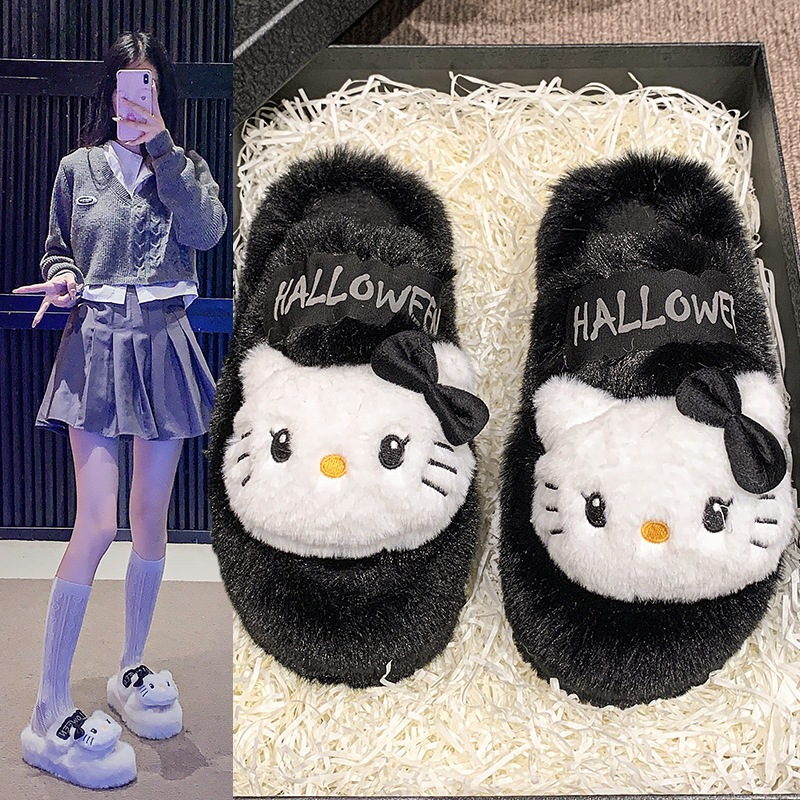 Dép Nữ Lông Quai Ngang Hello Kitty Hình Mèo Thắt Nơ Siêu Xinh, Tăng Chiều Cao 5cm, Đi Trong Nhà, Đi Chơi, Dự Tiệc, Cute