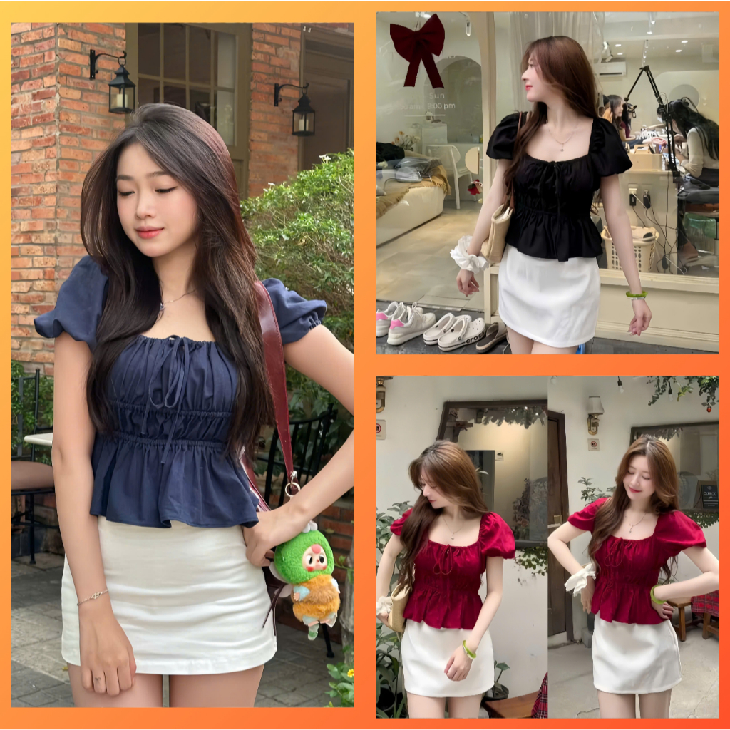 Áo kiểu tay bồng cột nơ chất linen, Áo babydoll tiểu thư bo chun thân xinh xắn