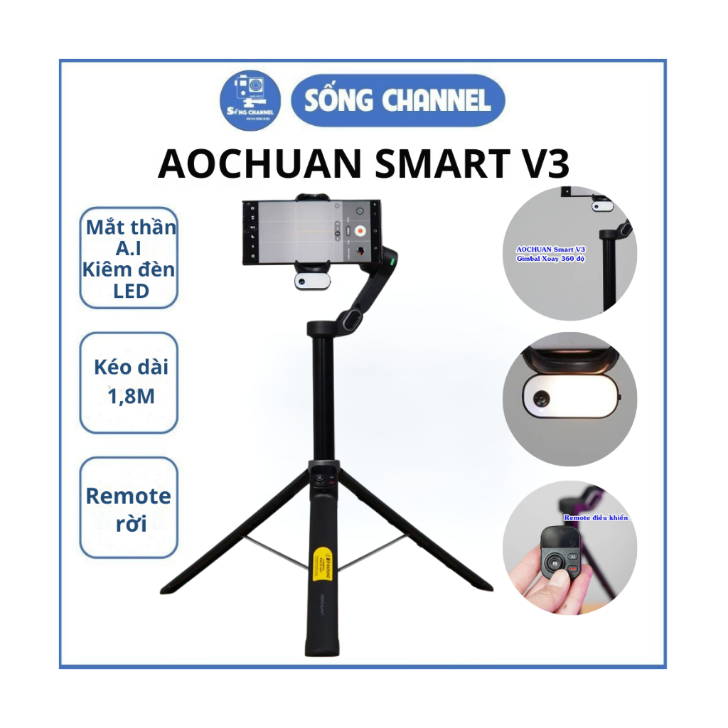 Tay cầm chống rung Aochuan Smart V3, Gimbal điện thoại mới nhất 2026, có thể kéo dài 1,8M
