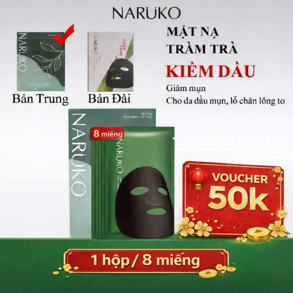 Mặt nạ giấy Naruko Tràm Trà – Giảm mụn, mờ thâm, kiểm soát dầu – Mask Tea Tree Hộp 8 miếng/26ml