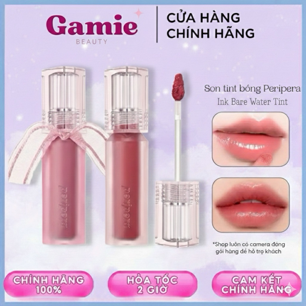 Son Tint Bóng Peripera Water Bare Tint Bóng Nhẹ Độ bám màu cao, nhẹ môi