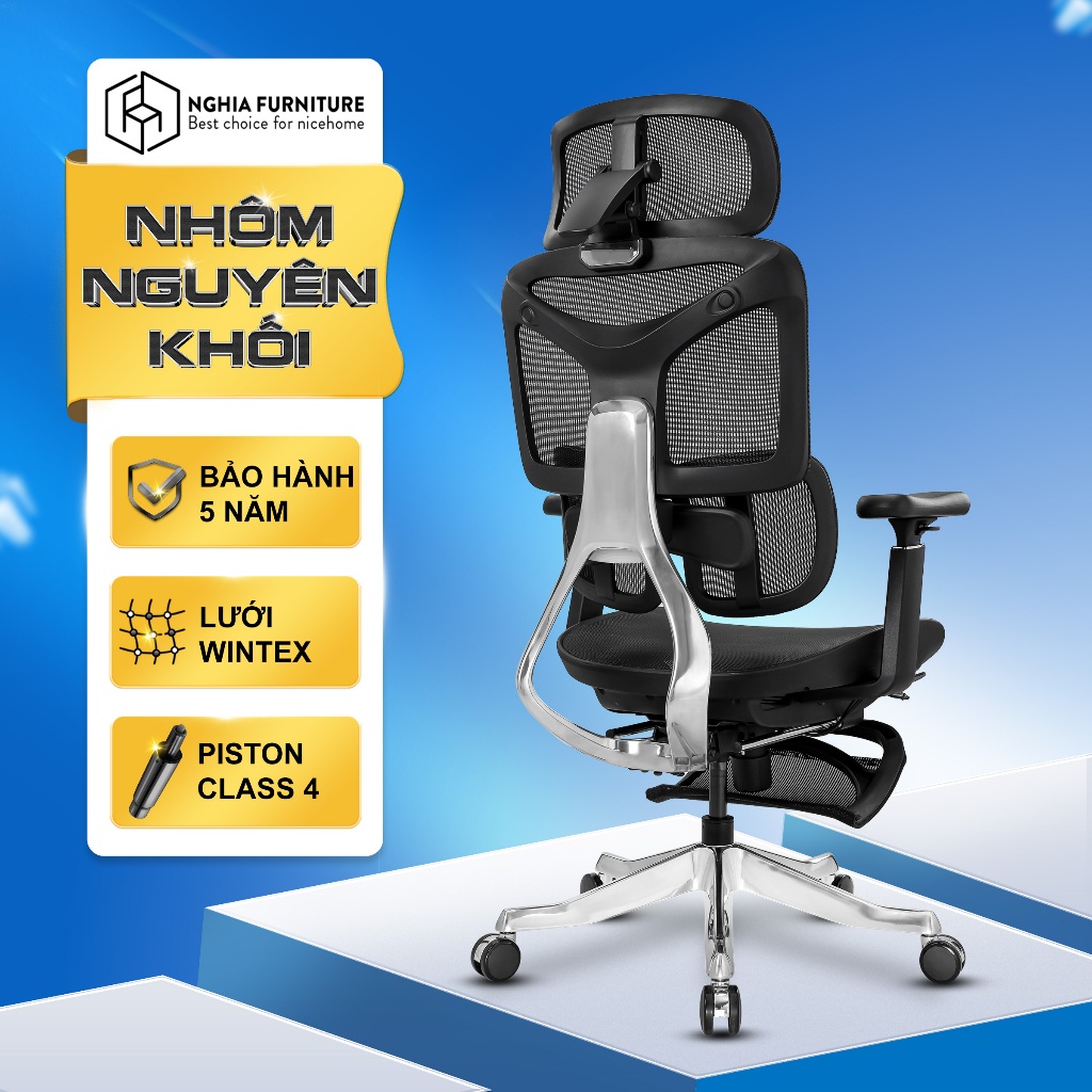 Ghế công thái học Nghia Furniture Yami, Khung nhôm nguyên khối, Piston Class 4, Lưới wintex Hàn Quốc