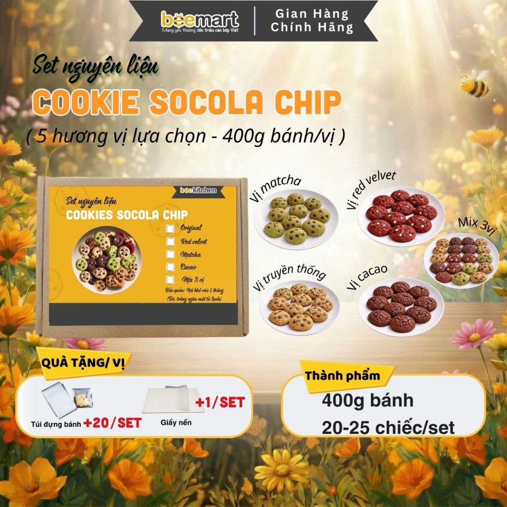 [Tặng Túi đựng&Giấy nến] Set Làm Bánh Cookie Socola Chip ít ngọt Beemart - Thành phẩm 20-25 bánh