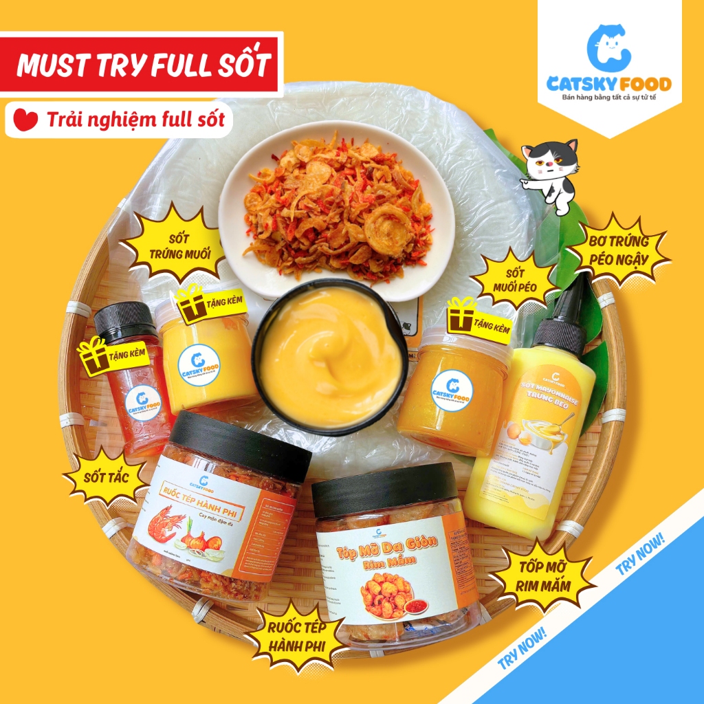 Bánh tráng phơi sương CATSKY FOOD combo bánh tráng sốt muối béo đồ ăn vặt tiện lợi - COMBO MUST TRY