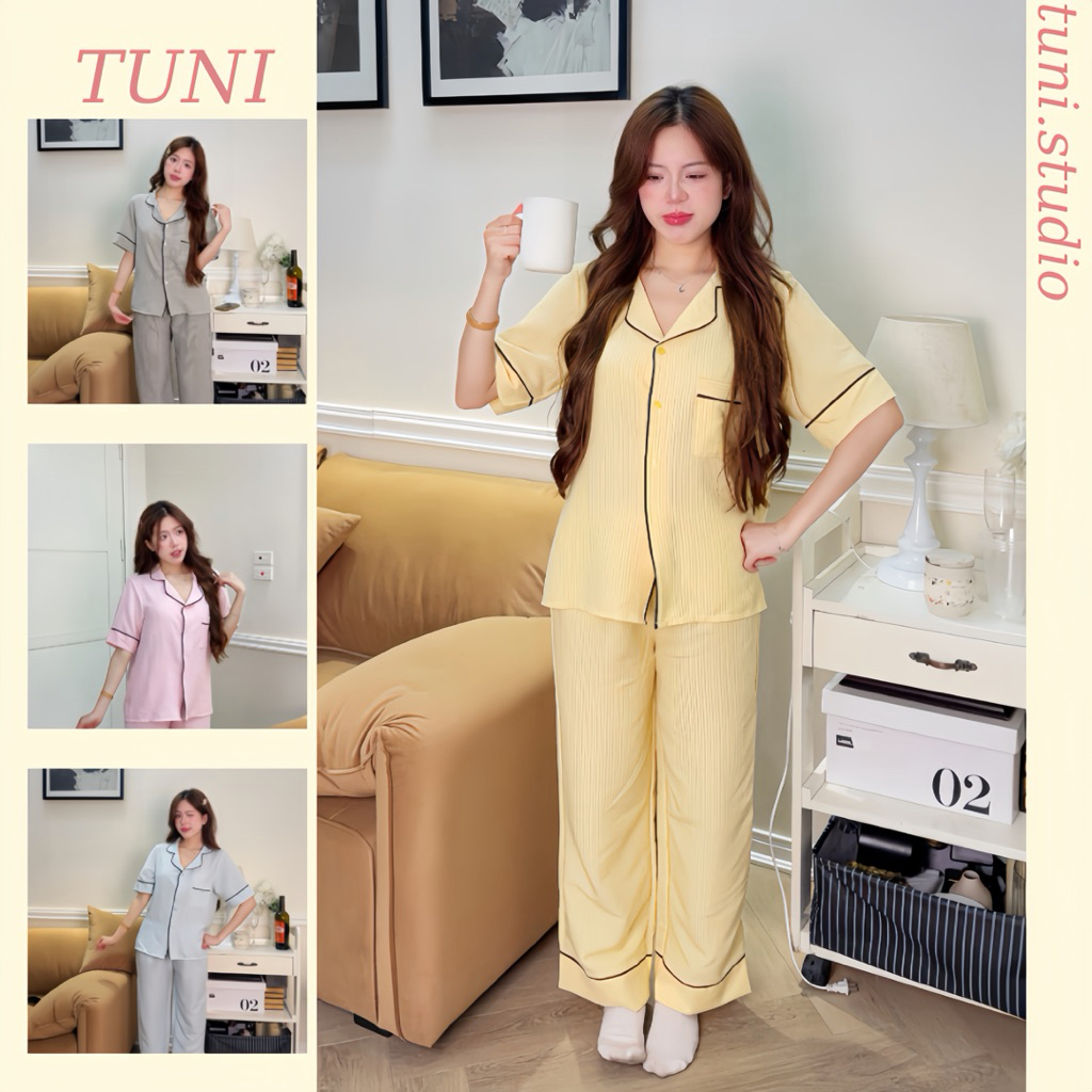 Tuni.studio Bộ Đồ Ngủ Pijama Kẻ Sọc Áo Cộc Quần Dài Phối Viền Xinh PJMKSCD01