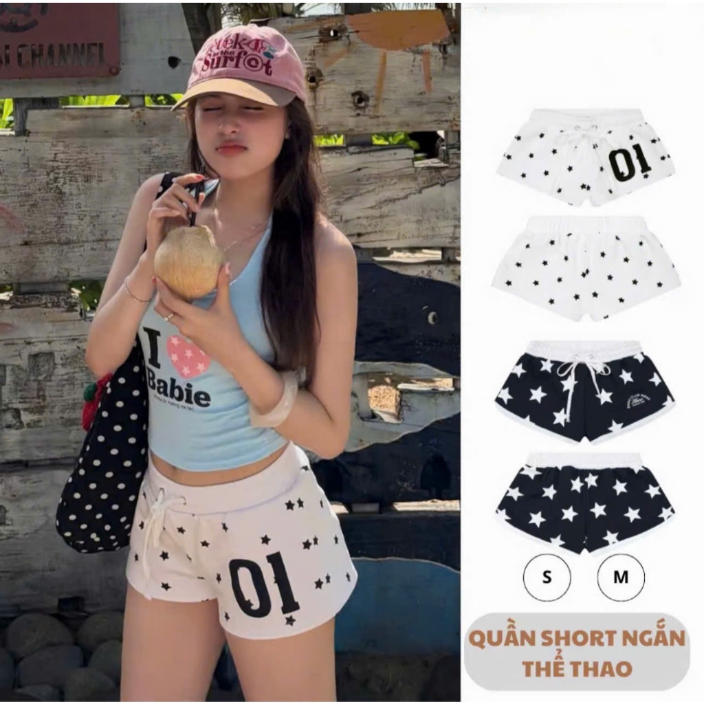 Quần Short Thể Thao Nữ Cạp Trễ Bản To - Quần Đùi Nữ Họa Tiết Ngôi Sao Style Y2K mặc đi chơi đi biển