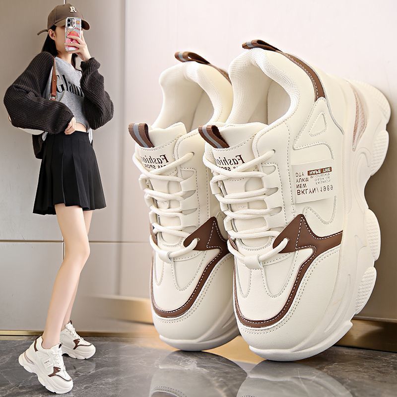 Giày Thể Thao Nữ Sneaker 2 Màu Kem Nâu + Trắng Bạc Đế 6cm Thời Trang Nữ Phối Đồ Hợp Tôn Dáng Tăng Chiều Cao ( Hàng QC )