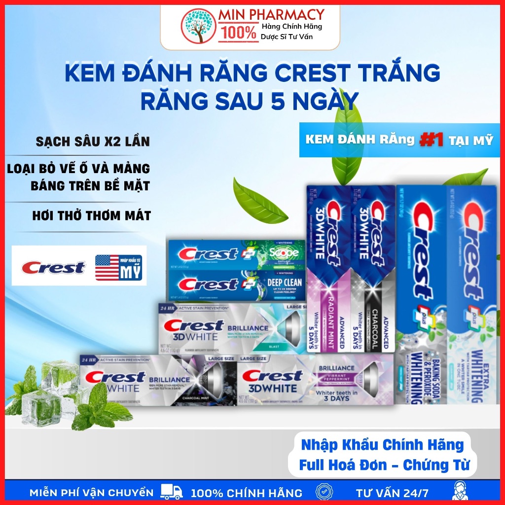 [HÀNG MỸ] Kem Đánh Răng Crest - Hỗ Trợ Trắng Răng Sau 5 Ngày, Sạch Ố Vàng, Thơm Miệng (93g-161g) - Minpharmacy