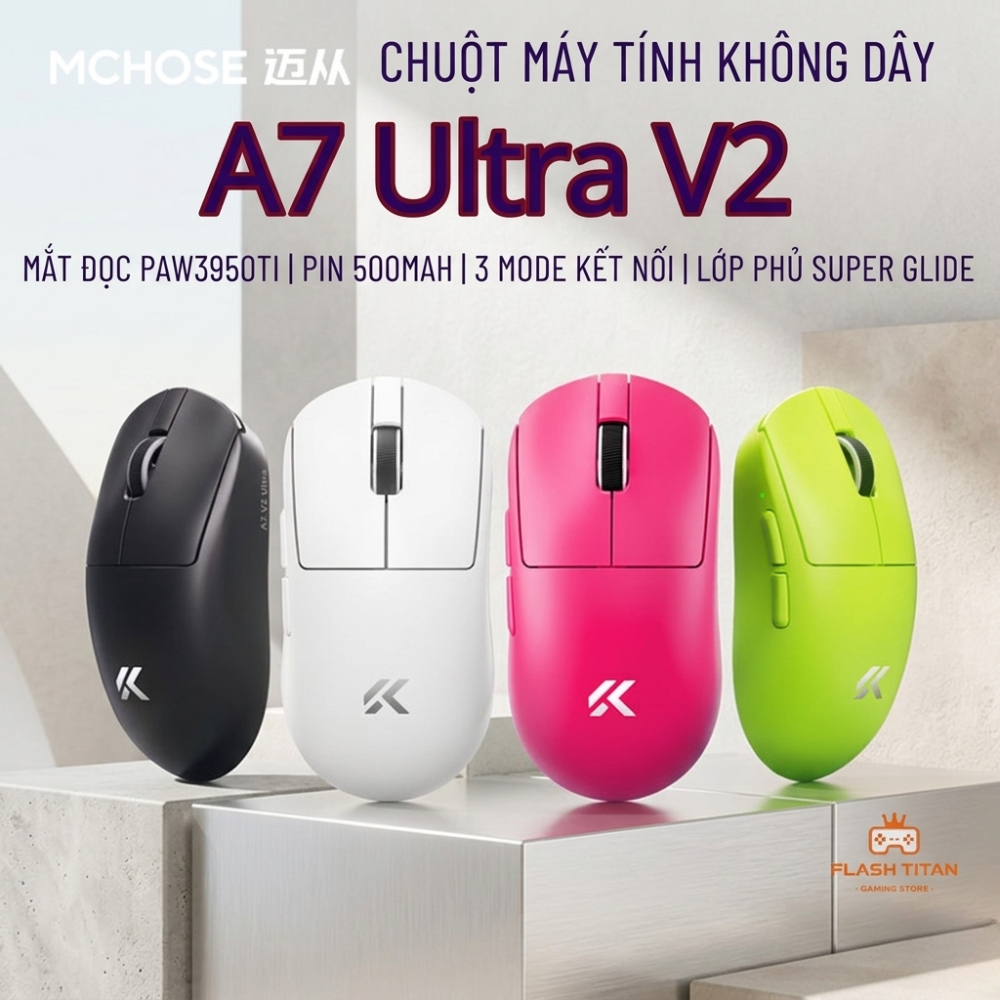 Chuột gaming Không Dây Mchose A7 ultra V2 - Mắt đọc 3950 cao cấp - Pin 500mAh - Lớp phủ Super Glide