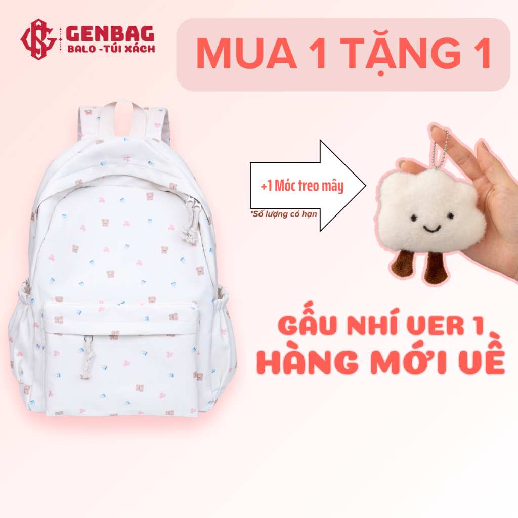 Balo gấu nhí GENBAG cute, balo thời trang nữ đi học nhiều ngăn vải dù trượt nước BL03