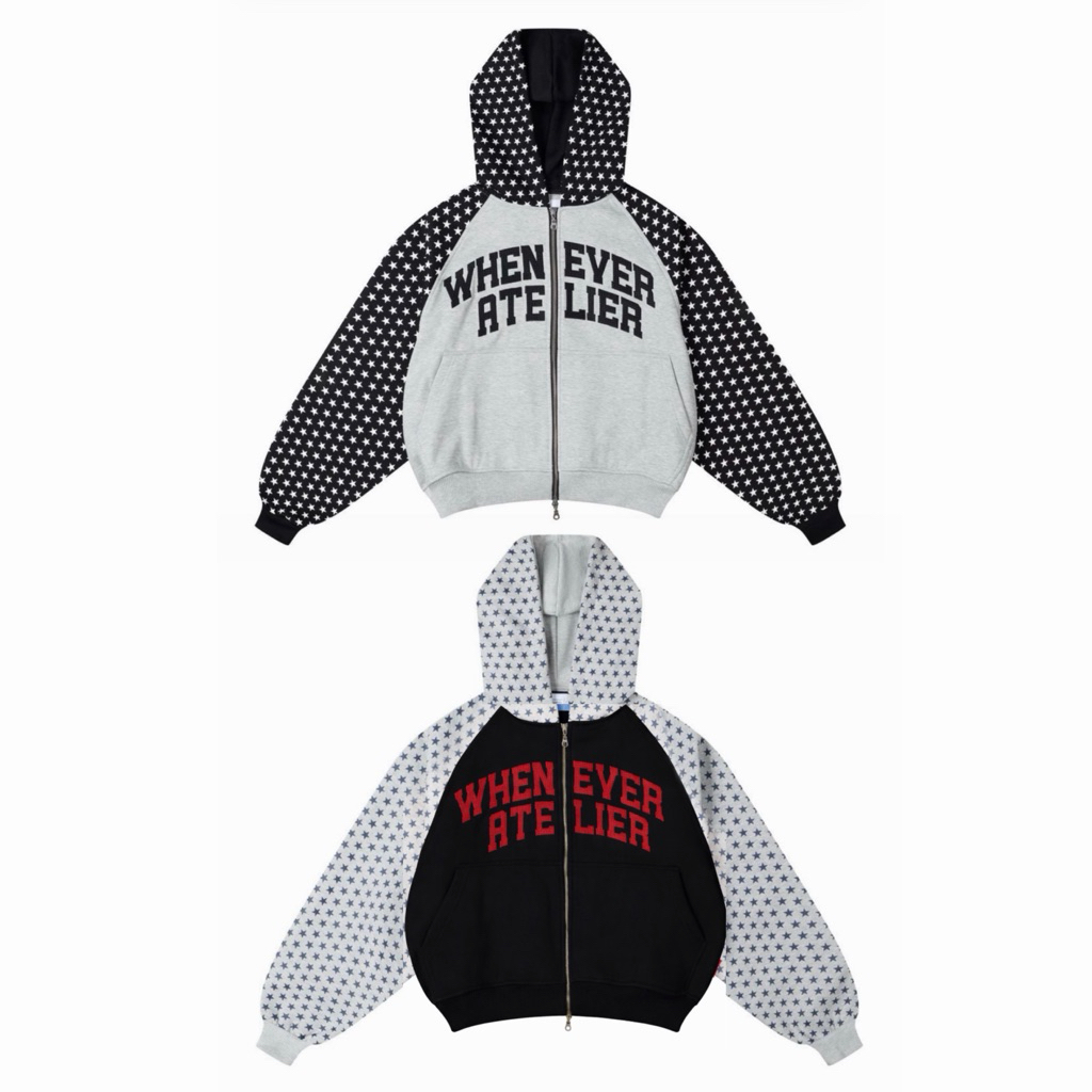 Áo Hoodie Zip Whenever Atelier Zip Raglan Star, vải nỉ bông không xù lông, chất liệu dày dặn, hình thêu chuẩn local