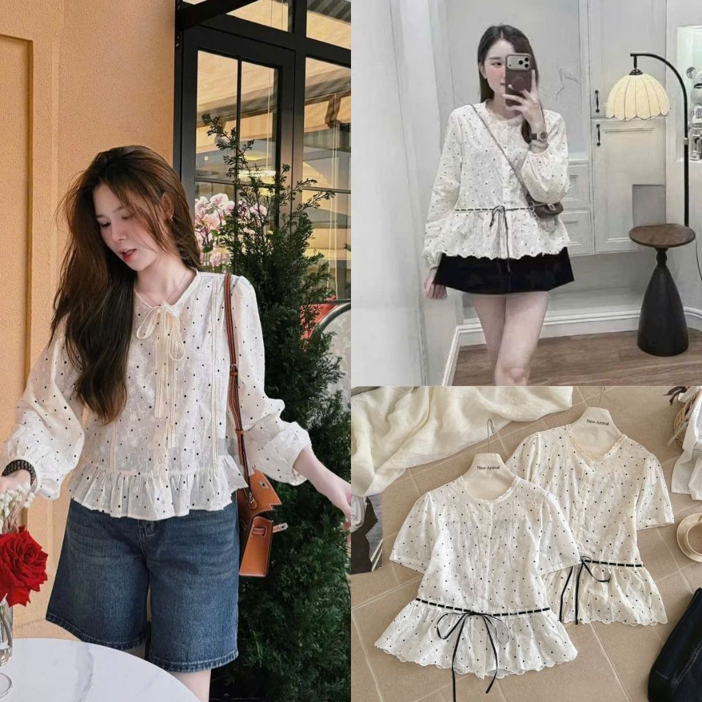 Sơ mi chất thô mềm thêu hoa phối họa tiết chấm bi Maian áo cổ tròn thắt nơ ren vạt bèo 2 loại cộc tay và dài tay A5656