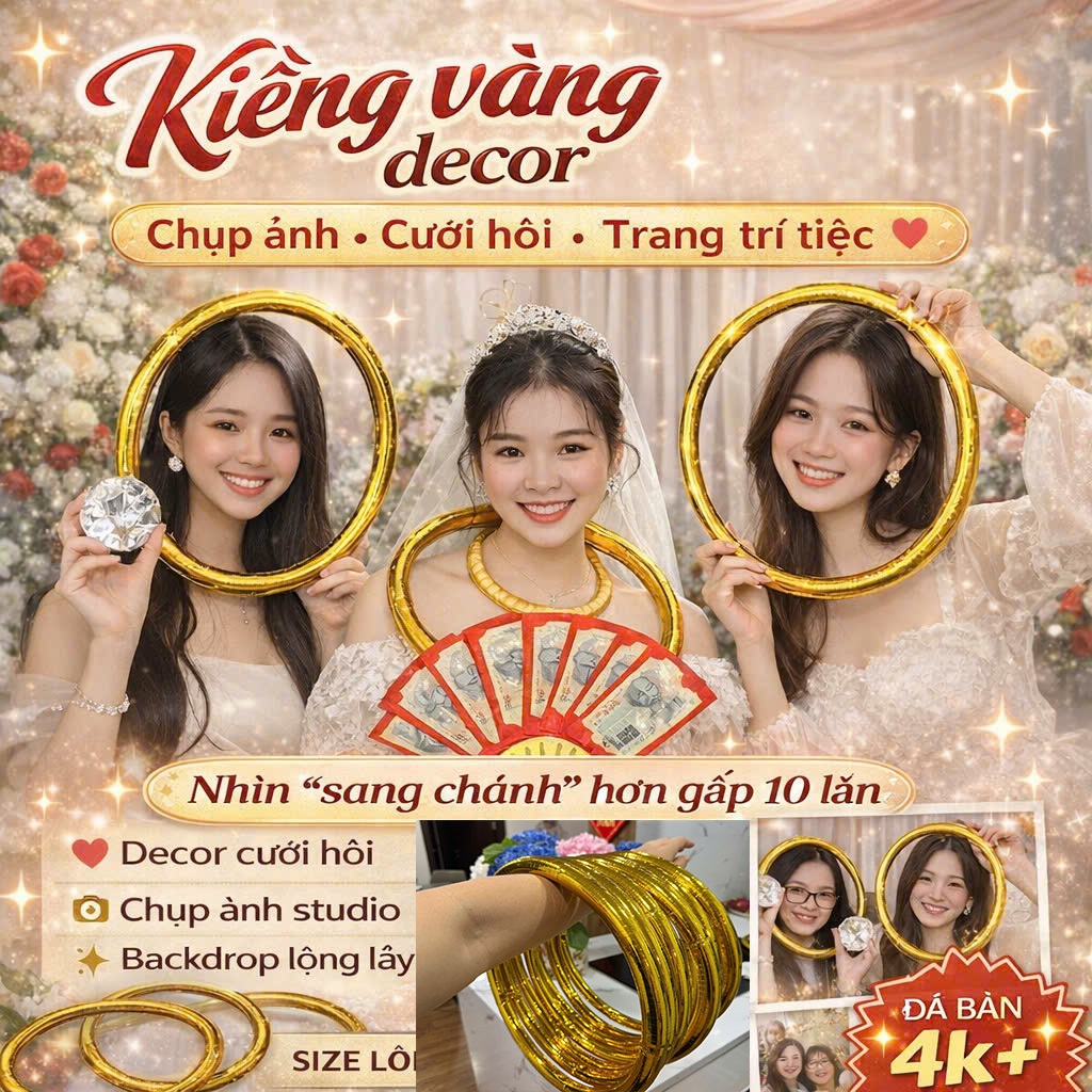 ( Hỏa tốc) Kiềng vàng khổng lồ decor chụp ảnh, vòng vàng khổng lồ size 30cm-40cm-50cm phụ kiện cưới, sinh nhật