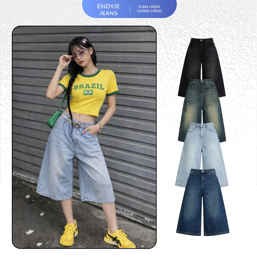 Quần jeans lửng nữ lưng cao ống rộng, quần bò unisex phong cách thời trang năng động dễ phối đồ ED29