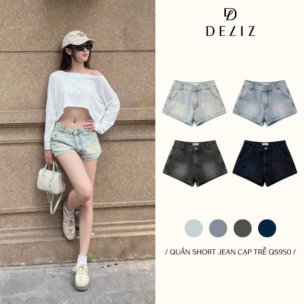 DELIZ - Quần short jean cạp trễ hot trend lưng thấp tôn dáng, form cá tính năng động nhiều màu (đã cắt sẵn khuy) QS950