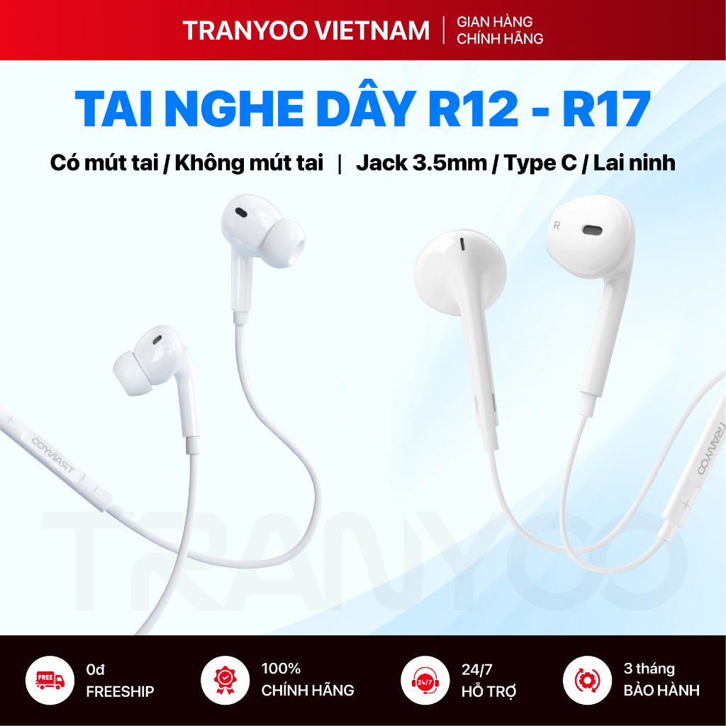 Tai Nghe Có Dây TRANYOO T-R12 R13 R14 Thiết Kế Nhét Tai Phù Hợp Nhu Cầu Văn Phòng, Học Tập, Giải Trí