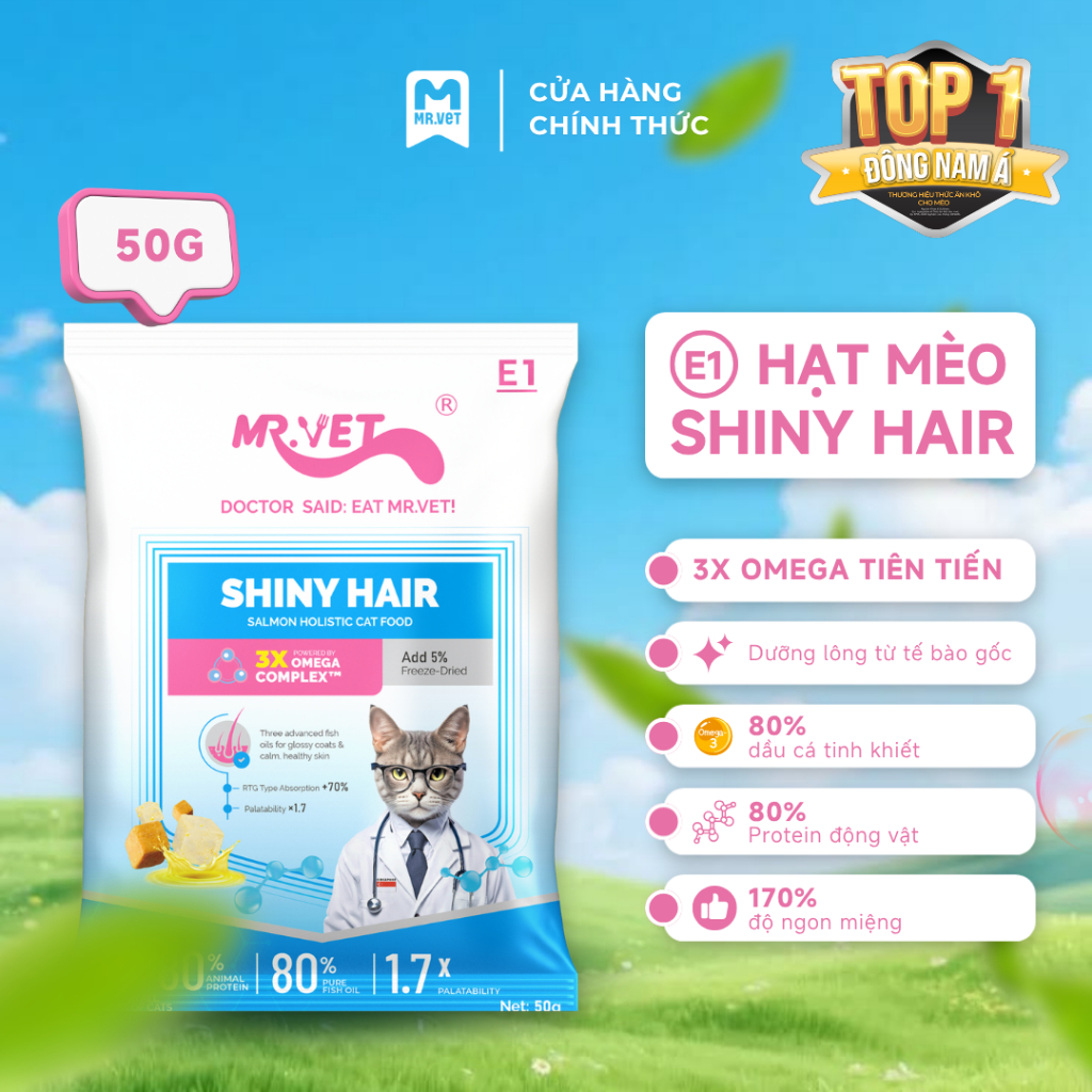 [MỚI] Hạt Cho Mèo MRVET E1 Gói 50G Dưỡng Lông Chuyên Sâu Từ Dầu Cá Tinh Khiết, 80% Đạm Động Vật