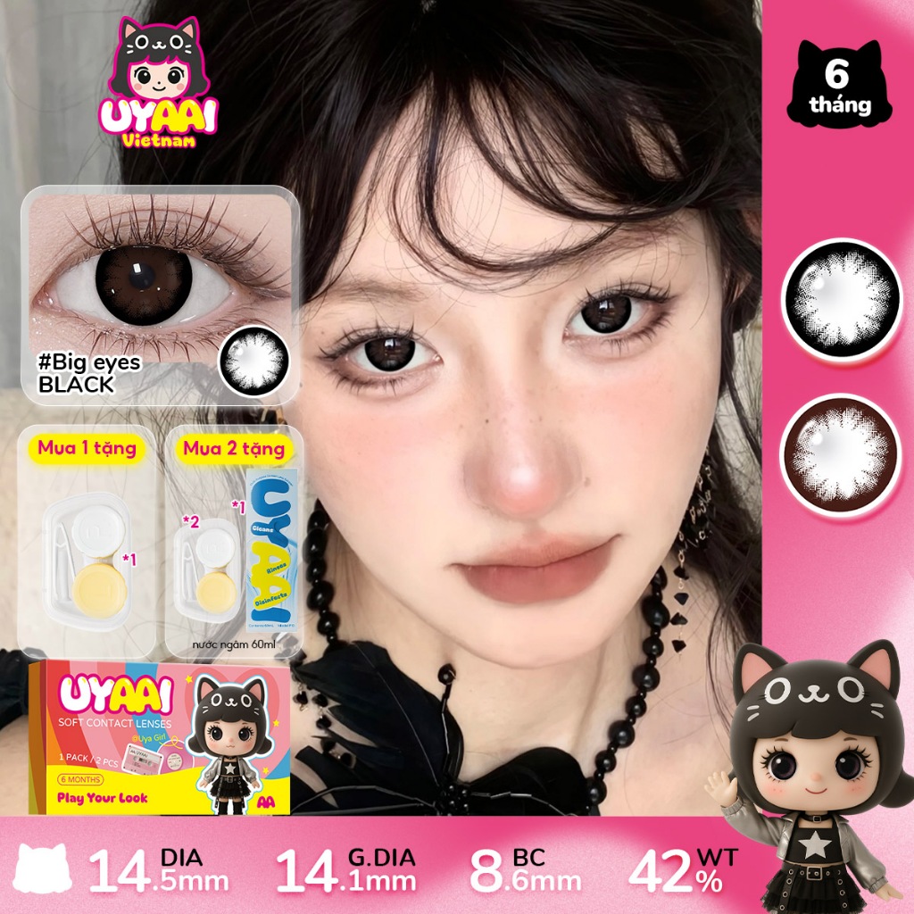 [Big Eyes 0~8độ]UYAAI Eyes lens đen cận Kính áp tròng MCK1 cận lens black devil eyes lens nâu giãn tròng to 14.5mm nữ