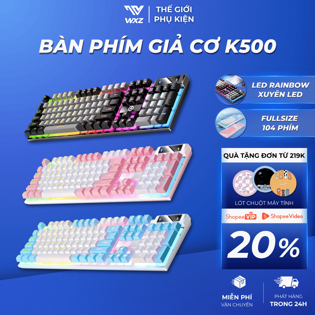 Bàn Phím Máy Tính Giả Cơ K500 104 Phím Fullsize LED Rainbow Gõ Êm Chống Nước Gaming PC Laptop Giá Rẻ