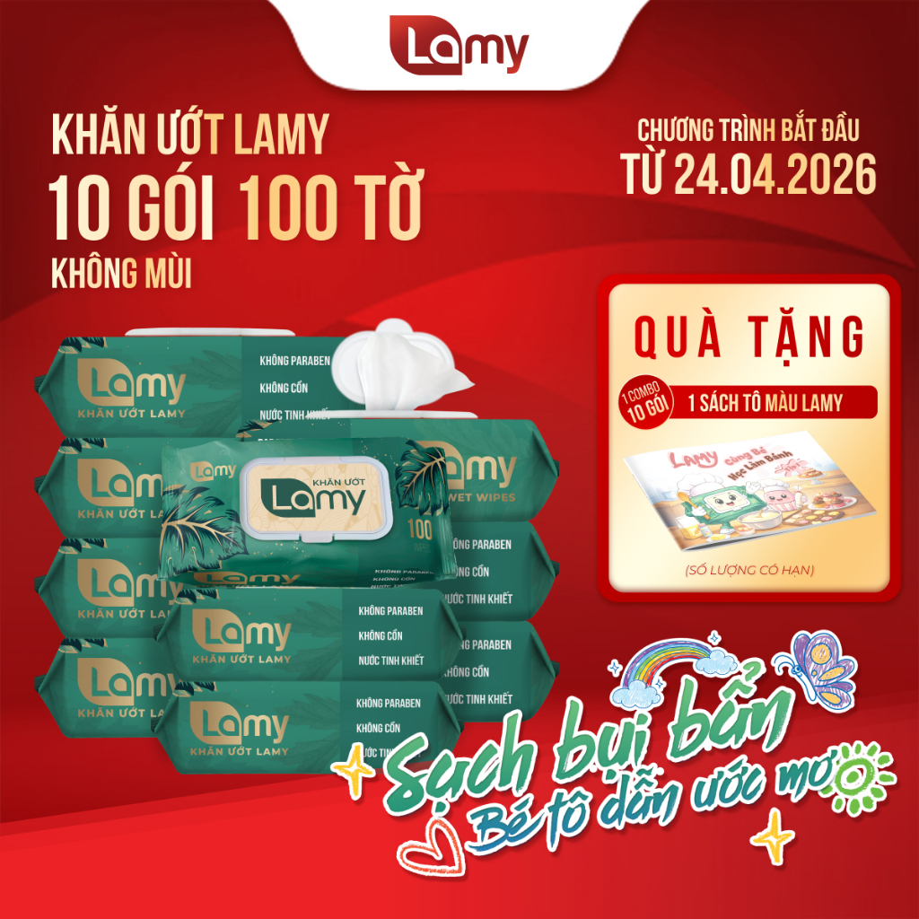 (TẶNG SÁCH TÔ MÀU) Khăn giấy ướt Lamy Thùng 10 gói 100 tờ cao cấp không mùi mềm mịn an toàn cho da