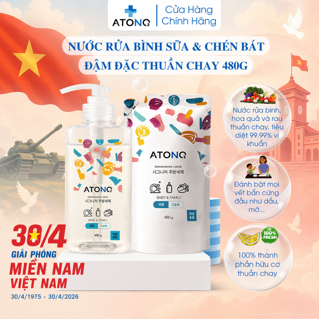 Nước rửa bình sữa & chén bát đậm đặc thuần chay, an toàn, có thể rửa được rau củ quả, Thương hiệu Atono2 Hàn Quốc