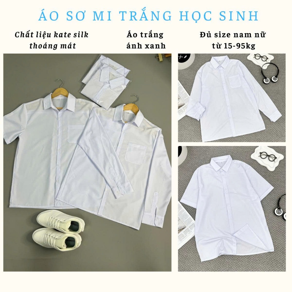 Áo Sơ Mi Trắng Học Sinh, Áo Trắng Đi Học Cộc Tay, Dài Tay Màu Trắng Xanh Dành Cho Nam Nữ Đủ Độ Tuổi Từ Lớp 1 Tới Lớp 12