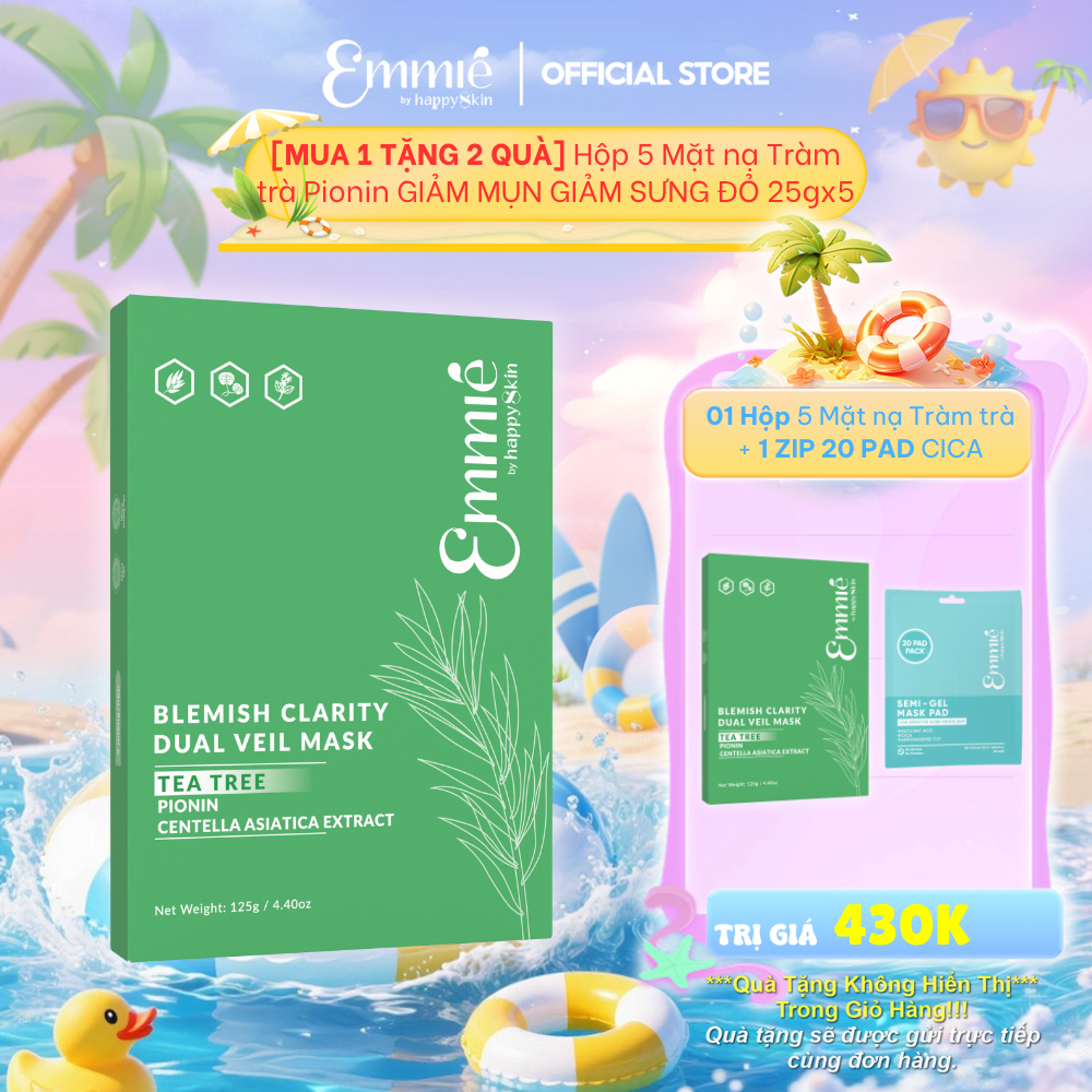 [MUA 1 TẶNG 2 QUÀ] Hộp 5 Mặt nạ Tràm trà Pionin Hỗ trợ giảm mụn, giảm sưng đỏ 25gx5 Emmie by Happyskin