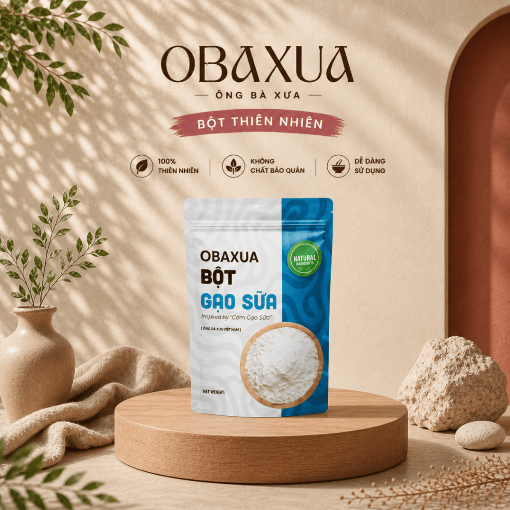 OBAXUA – Bột Gạo Sữa (Bột Cám Gạo) Thiên Nhiên – Túi 75g/500g/combo3 túi 75g