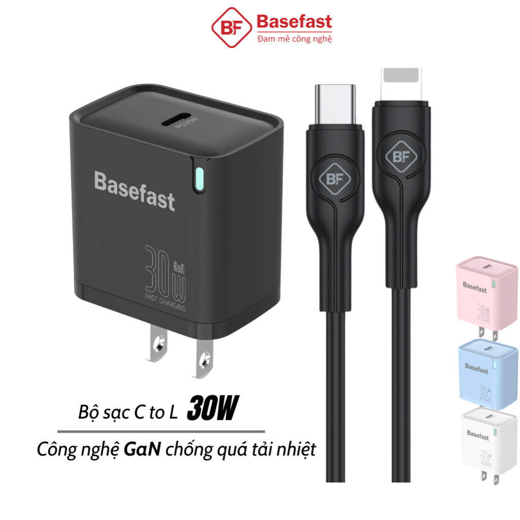 Bộ sạc nhanh 20W 30W C to L Basefast Củ GaN kèm dây chống quá tải nhiệt cho xs xr 11 12 13 14 pro