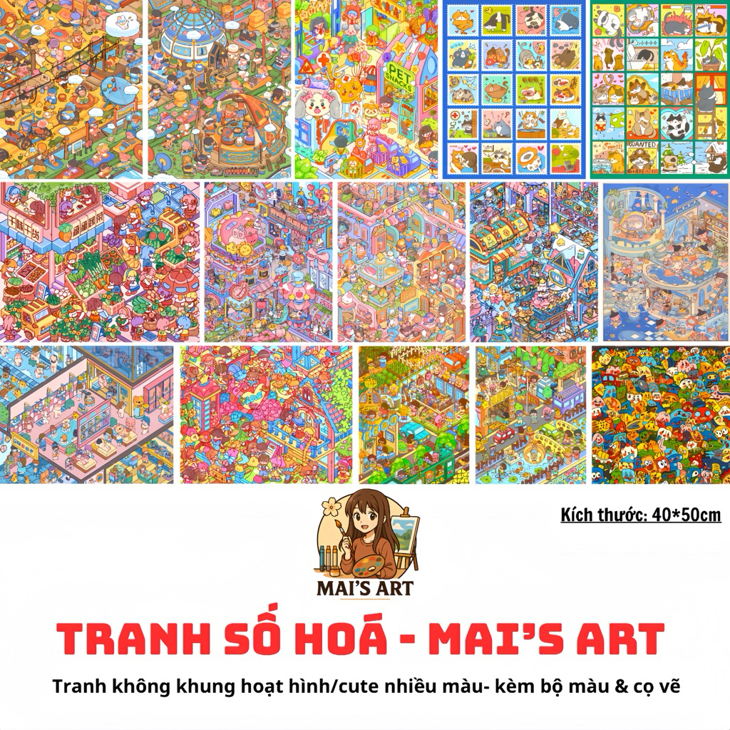 [MUA 3 TẶNG 1] TRANH KHÔNG KHUNG 40x50cm Tranh Số Hoá Tô Màu Theo Số HOẠT HÌNH CUTE có sẵn cọ vẽ màu tô - MAI'S ART